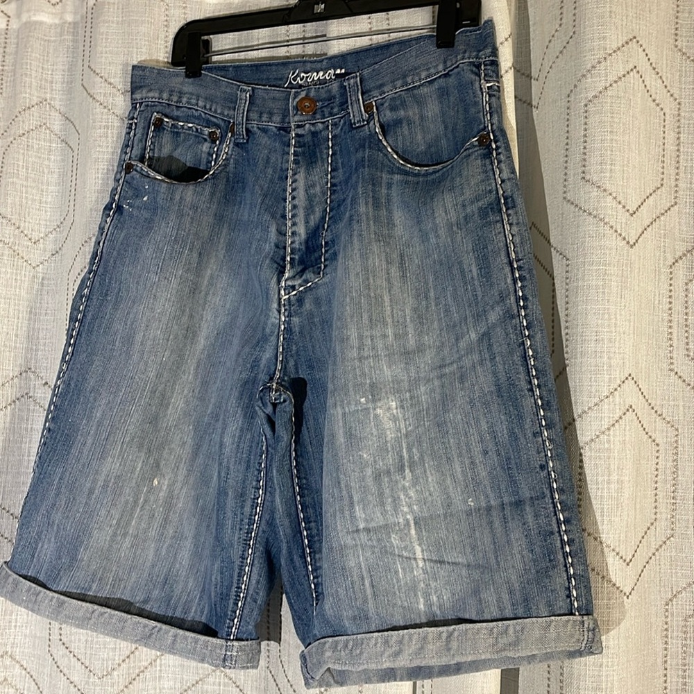 Men’s M Blue Jean Stitch Shorts Cuff At Bottom 5 Functional Pockets Button/Zip